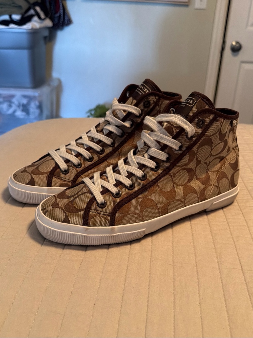 Coach High-Top Signature Canvas Sneakers in Brown and Tan